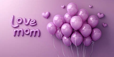 Mother's Day card with love mom text and balloons on a lilac background with copy space