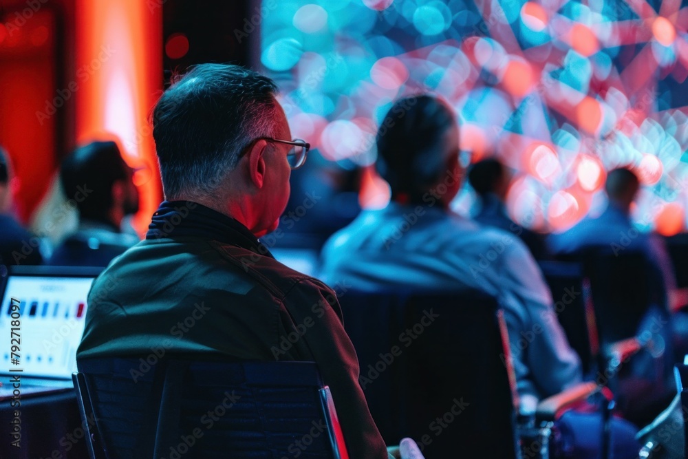 Poster presentation in conference room with man sitting in front of large screen and audience listening att
