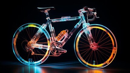 Fototapeta premium Photo of a bicycle represented as a neon hologram, centered in a volumetric atomic core with intricate streaming data