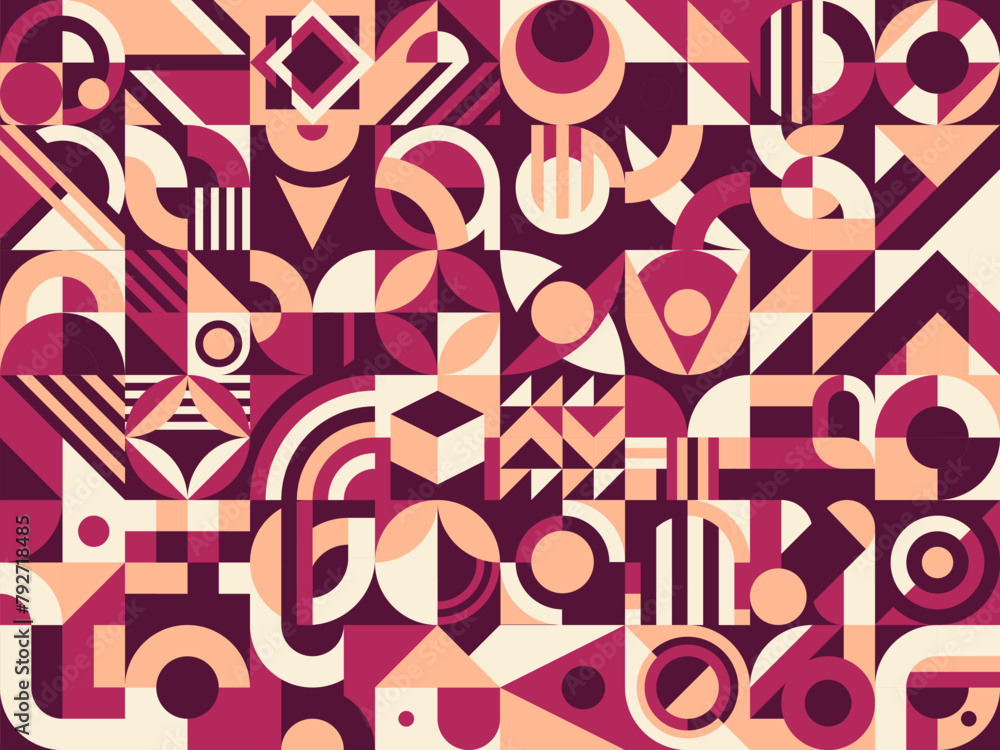 Fototapete Maroon, purple and beige abstract modern geometric pattern, vector background. Minimal simple mosaic shapes and minimal geometric elements in retro art colors of abstract pattern background