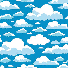 Cloud background, cartoon blue sky with white clouds pattern - obrazy, fototapety, plakaty