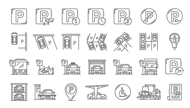 Automatic garage service and parking line icons, car park and vehicle valet, vector linear symbols. Parking lot icons and signs for automated garage 24 hours, bicycle and disabled access to parking