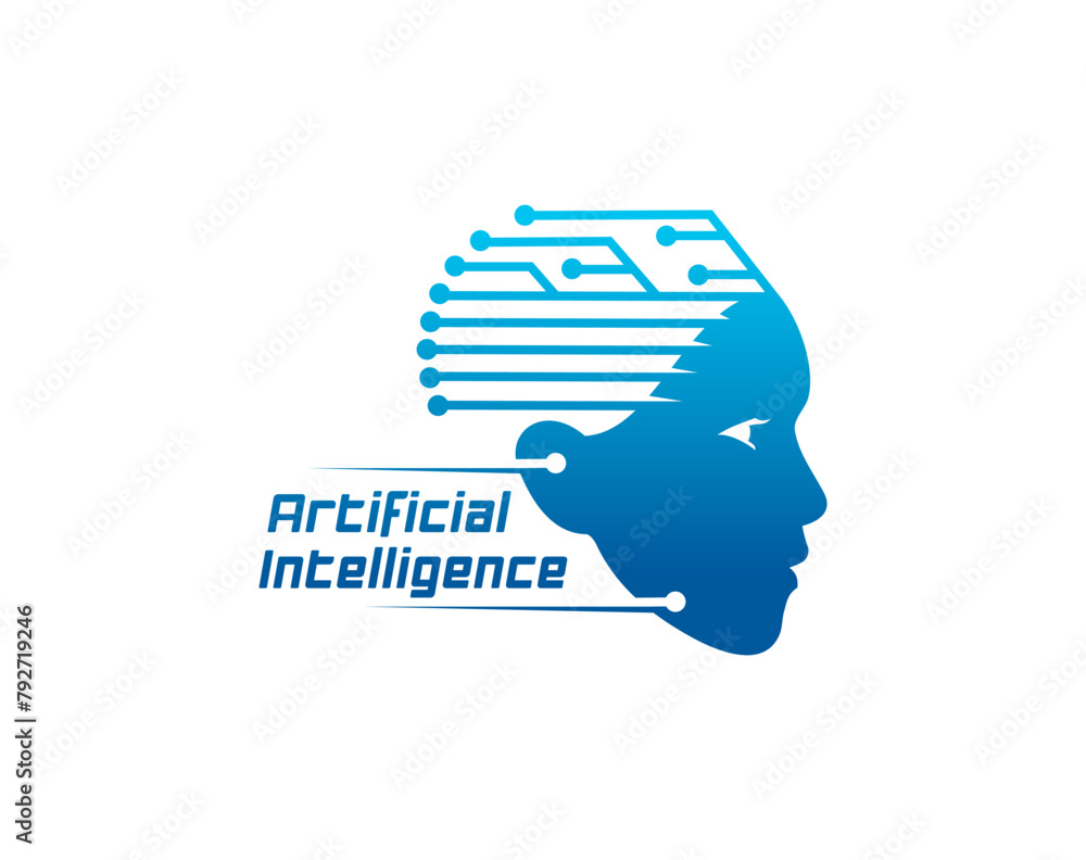 Poster Artificial Intelligence icon of AI head with digital data brain for mind technology, vector emblem. Artificial Intelligence tech symbol with head and brain circuit network for intelligent innovation