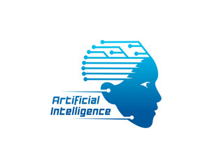 Artificial Intelligence icon of AI head with digital data brain for mind technology, vector emblem. Artificial Intelligence tech symbol with head and brain circuit network for intelligent innovation
