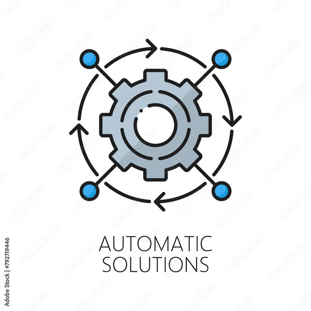 Poster Machine learning icon of automatic solutions for AI artificial intelligence algorithm, vector color line. AutoML or automated machine learning for artificial intelligence neuroscience and AI mind