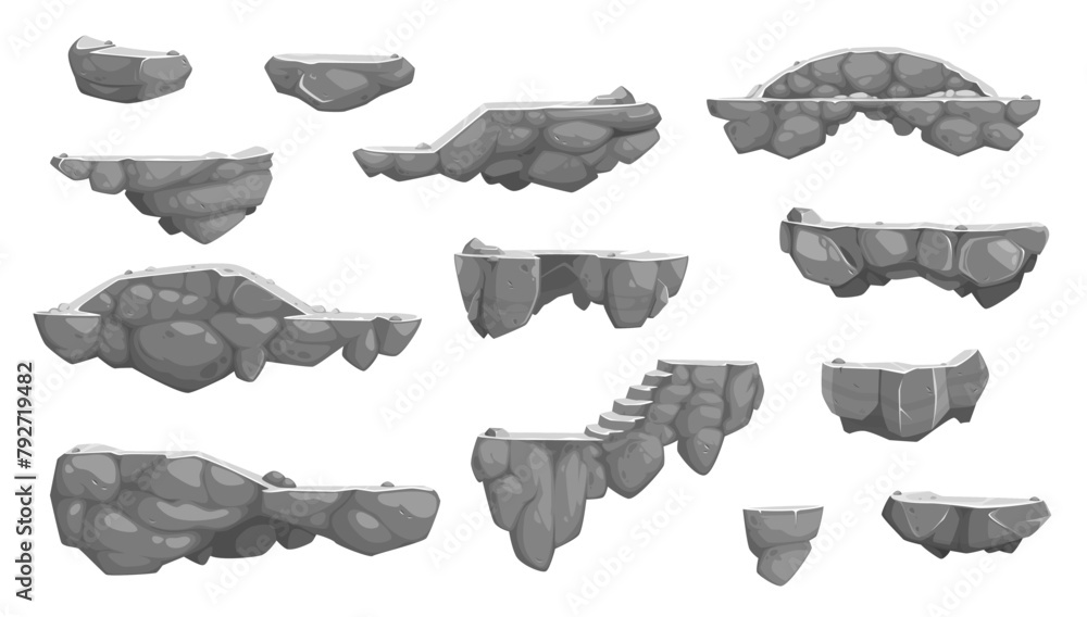 Poster cartoon rock stone isolated game platforms. mobile arcade environment ground vector jumping platform
