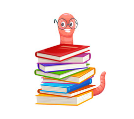 Cartoon cute bookworm character in glasses. Funny pink book worm, caterpillar or earthworm vector personage sitting on stack of school library books or textbooks with eyeglasses, education concept