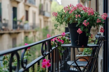 Intimate balcony space with pink blooms and metal furnishings, Paris backdrop. AI-generated