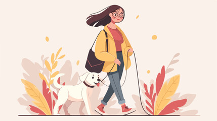 Obraz na płótnie Canvas Teenager girl with glasses walking the dog cartoon