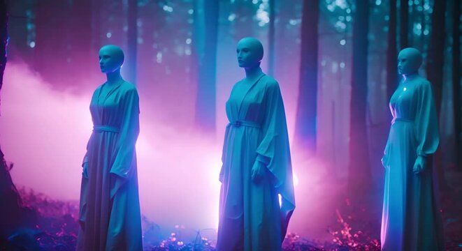group portrait of mannequin statues in neon glowing mist forest, video template