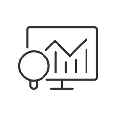 Data analytics on a computer, linear icon. Magnifying glass and charts in the monitor. Line with editable stroke