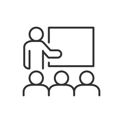 Presentation to the audience, linear icon. The person at the blackboard is speaking to the audience. Line with editable stroke