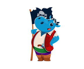 Cartoon hippo animal sailor pirate character or corsair seaman with flag, vector personage. Funny hippopotamus in pirate bandana with Jolly Roger flag and musket gun for kid Caribbean pirate character