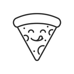 Pizza slice smiling, linear icon. Cartoon character pizza. Line with editable stroke