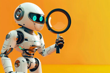 Close-up of a modern white robot with magnifying glass on yellow
