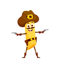 Cartoon italian penne pasta bandit and robber, ranger, cowboy and sheriff character. Noodle Wild West ranger, food Texas cowboy or Italian pasta Western sheriff vector personage with pistols gun