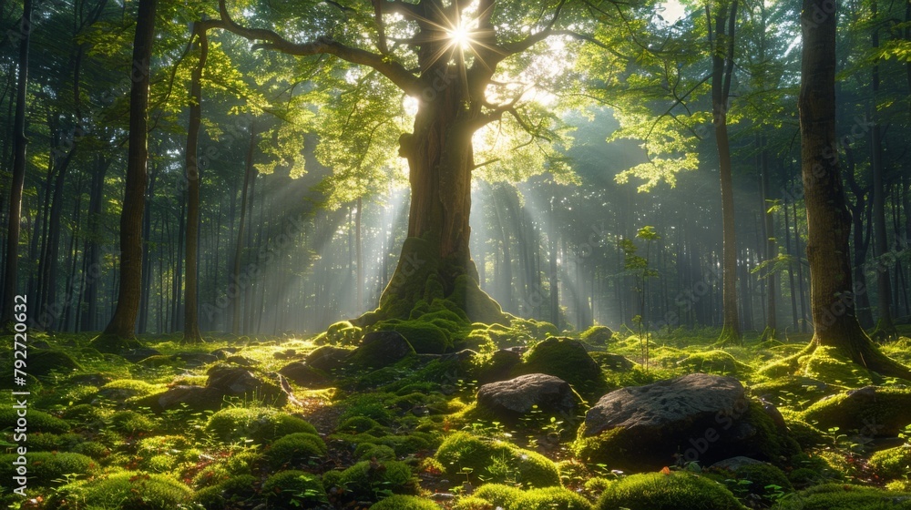 Poster sun shines through trees in forest. generative ai