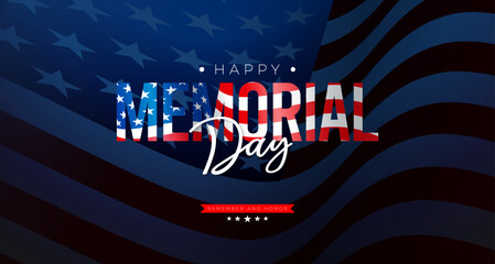 Memorial Day of the USA Vector Illustration with American Flag in Text Label on Darkened Background. National Veteran Patriotic Celebration Design with Typography Lettering for Banner, Flyer, Greeting