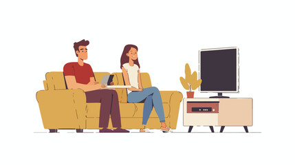 Young woman and man sitting on sofa and watching TV illustration
