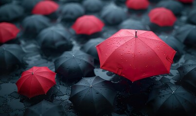 Striking Red Umbrella Standing Out among Black Umbrellas - Unique Concept Background 