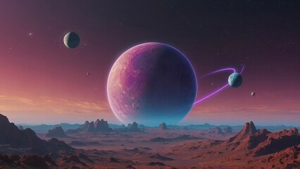 Fantasy landscape on another planet, rocks, purple planet 