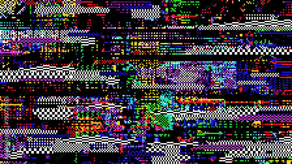 Aufkleber Retro pixel glitch background. Abstract glitched distortion effect. Vector colored, random pixelated pattern on screen. Television distorted video, no signal vintage TV frame, computer program error