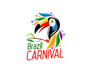 Brazil carnival party icon of toucan for entertainment event, vector symbol. Brazilian samba carnival emblem with toucan bird in rainbow feathers and colors splash for dance festival in Brazil sign