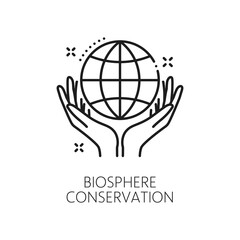 Biosphere conversation, clean power, ecology line icon. Renewable energy and sustainable future technology, clean ecology and safe environment outline vector pictogram with human hands holding globe