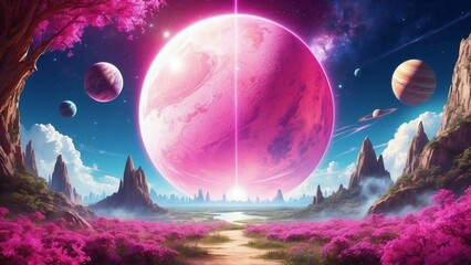 Fantasy cosmic landscape on another planet with mountains, pink flowers and trees and planets around