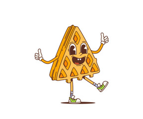 Cartoon retro belgian waffle groovy character. Isolated vector funky triangular wafer, bakery personage with groove vibes and whimsical smile, bringing nostalgic and psychedelic touch to breakfast