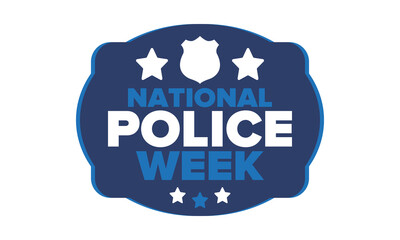 National Police Week in May. Celebrated annual in United States. In honor of the police hero. Police badge and patriotic elements. Officers Memorial Day. Poster, card, banner. Vector illustration