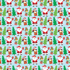Christmas seamless pattern with santa  tree  gifts and bird