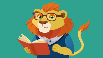 a smart well-read lion with glasses reads an interesting popular science book, novel, textbook. the concept of education, self-development, self-study