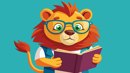 a smart well-read lion with glasses reads an interesting popular science book, novel, textbook. the concept of education, self-development, self-study