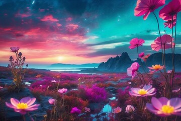 Fantasy landscape with shining pink flowers and blue fluorescent lake, purple sky and mountains reflection on the water, mistery - Powered by Adobe