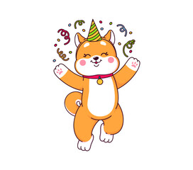 Japanese kawaii shiba inu dog character on the party. Cartoon cute pet animal, brown puppy vector personage dancing with party hat, confetti and color paper streamers. Shiba inu dog having fun emoji