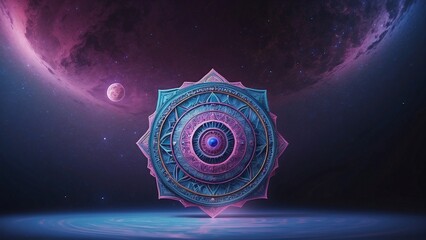 Sacred geometry cosmic mandala, blue, pink and purple colours