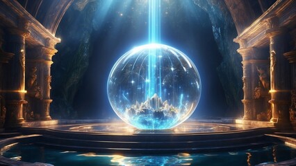 View of the big blue sphere full of light in the hidden place, fantasy scene