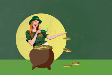 Creative collage picture of excited funky girl hold sunglass arm throw waste money coins isolated...