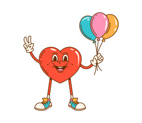 Groovy love heart character with holiday balloons. Retro cartoon valentine personage showing V victory sign. Vector groovy hippie love heart emoticon with funny smiling face and colorful balloons