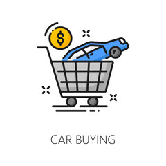 Auto dealer, dealership, car company line icon. Vehicle official dealership, automobile buy shop or rental auto distributor line vector icon. Car salon thin line sign or symbol with shopping card