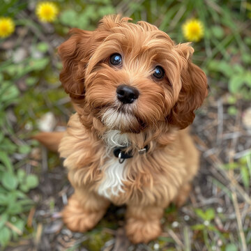 **brown cavapoo puppy, sitting in yard, in the style of playful appropriation, relatable personality, forced perspective, flower power, romantic emotivity, light green and yellow, 