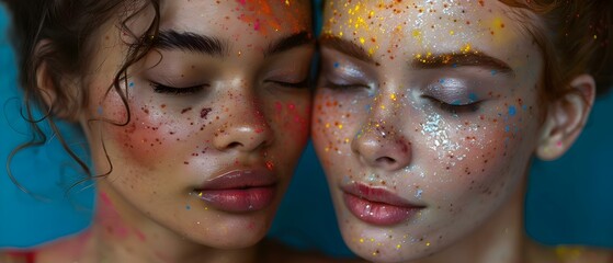 Obraz premium Young female friends with eyes closed touching foreheads covered in colorful powder. Concept Friendship, Colorful Powder, Young Women, Playful Poses, Joyful Expressions