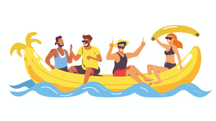 Happy young people riding banana boats and enjoying style
