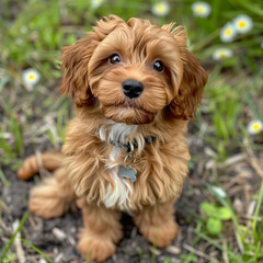 **brown cavapoo puppy, sitting in yard, in the style of playful appropriation, relatable personality, forced perspective, flower power, romantic emotivity, light green and yellow, wiesław wałkusk --v 