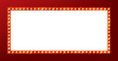 Light bulb marquee frame, retro Broadway billboard, circus board, casino, cinema, movie theater signboard. Vector horizontal background inviting to immerse in the enchantment of live performances