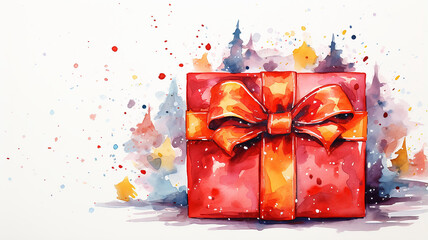 new Year's gift in a box with a ribbon on a white background, greeting postcard merry Christmas watercolor image - 792723016