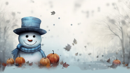 greeting card snowman in the autumn forest, cute picture of late autumn, November december - 792723037