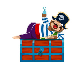 Cartoon cute sloth animal pirate character on the chest. Isolated vector funny lazy whimsical corsair personage wears a tricorn hat and hand hook, defends loot, lying on treasure trunk in relaxed pose