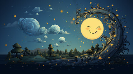 cartoon round moon on blue sky background, art character, good night kids - 792723095